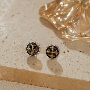 Sterling Silver Cross Medallion Stud Earrings, Heraldic Two-Tone